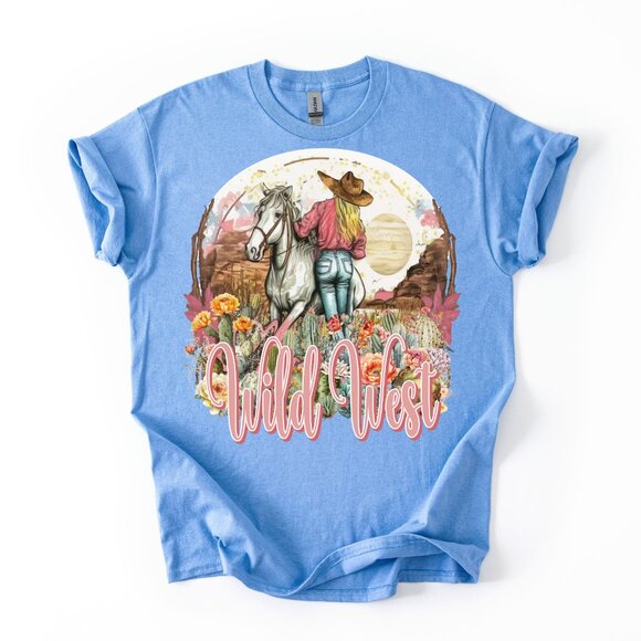 Wild West Cowgirl Horse T-Shirt Cactus Flowers Rodeo Western Women Bohemian Tee - Picture 1 of 3